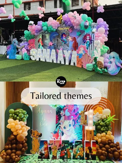 A collage showcasing two of my tailored themes: a vibrant 'Under the Sea' mermaid party and a 'Wild One' Lion King first birthday.