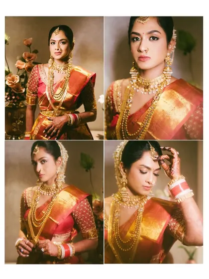 A collage of stunning portraits of a South Indian bride. Her expressions range from serene to joyful, capturing the many emotions of her wedding day.