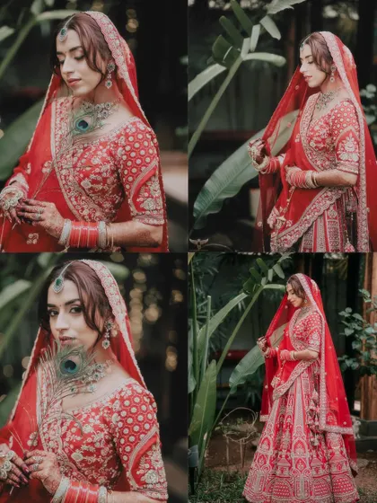 This collage presents a complete view of the bride's look. It includes close-ups, mid-shots, and full-length portraits, showcasing her outfit, jewelry, and overall presence against a lush green background.