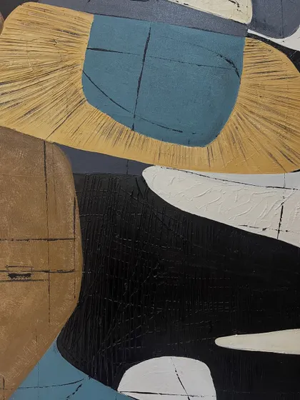A close-up of a tall abstract painting. This piece features a mix of textures, from combed lines that create a fan-like effect to smooth, color-blocked areas.