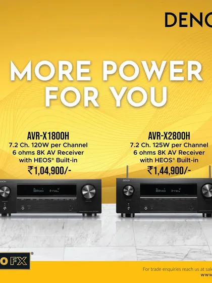 More power for you. This graphic compares the Denon AVR-X1800H and AVR-X2800H receivers, both offering 8K video, immersive 3D audio, and HEOS Built-in for wireless streaming.
