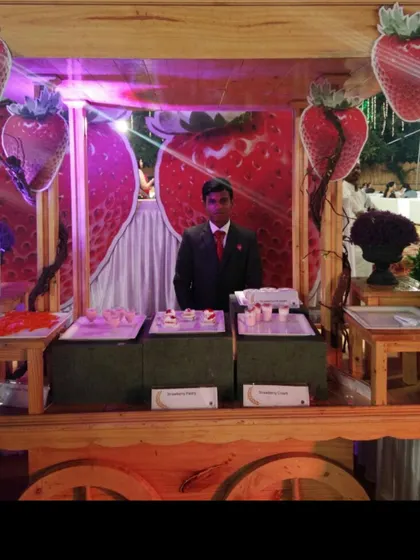 Our special strawberry cart is a perfect addition for a winter wedding. It features a variety of strawberry delicacies, including milkshake shots, pastries, and even strawberry ghevar, all presented on a charming wooden cart.