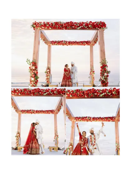 A collage of a beautiful beachside wedding ceremony, from the Varmala to the celebratory moments.