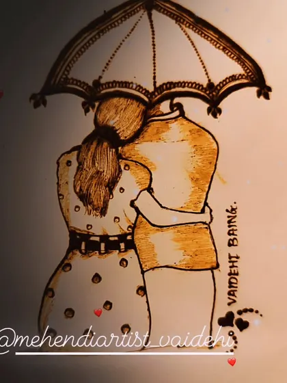 A romantic couple-under-an-umbrella figure drawn with henna. This is a popular motif for engagement or bridal mehendi, symbolizing love and togetherness.