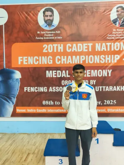Arjun Sonavane celebrates his Foil Team bronze medal at the Cadet National Championship. His achievement reflects his dedication to the sport and the high level of coaching he receives at our club.