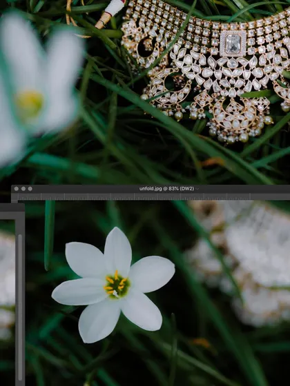 A creative collage of a bridal necklace nestled in the grass with a white flower.