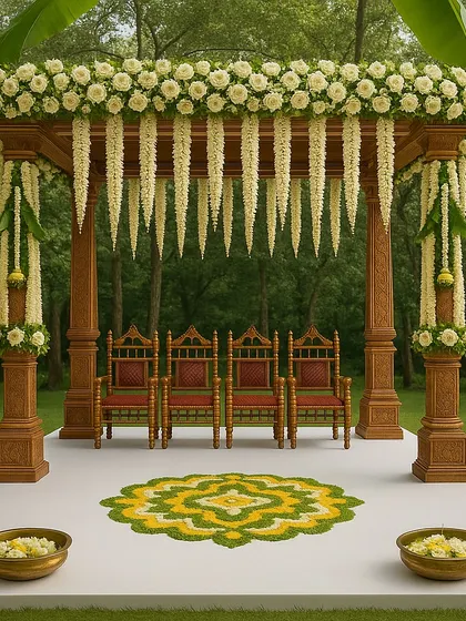 A traditional South Indian mandap set in a lush garden. This design features wooden pillars, hanging jasmine garlands, and banana leaf accents, creating a serene and natural setting for the ceremony.