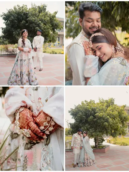 A collage capturing the essence of a carnival-themed Haldi in Jim Corbett. It shows the grand outfits, the happy couple, and the beautiful details of the celebration.