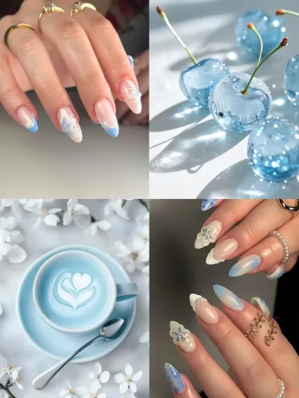 Cool and refreshing monsoon aesthetics. This moodboard features nails with light blue French tips and 3D floral accents, paired with images of blue lattes and cherries.