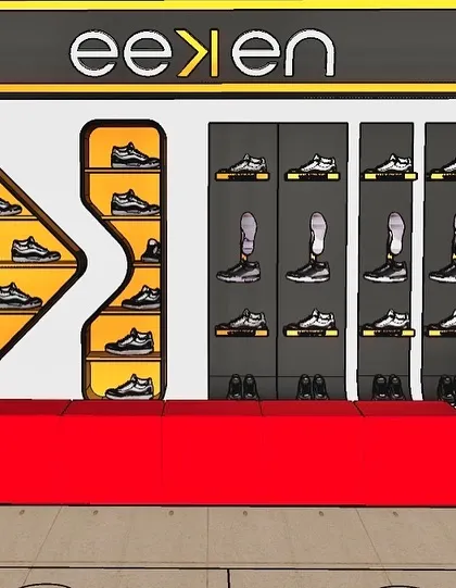 A colored render showing how the Eeken display unit would look in-store, complete with products. This helps visualize how our custom furniture serves to reinforce brand identity.