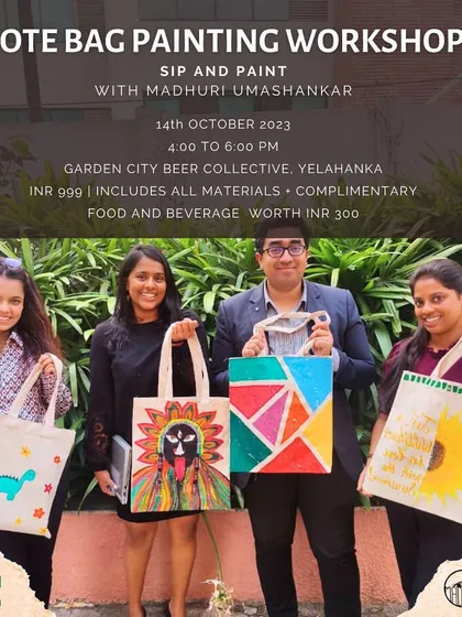 A flyer for a tote bag painting workshop. These sessions are a great way to unwind, get creative, and make something both beautiful and useful.