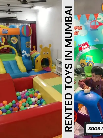 Rented toys in Mumbai. This graphic shows a side-by-side view of a large indoor ball pit and bouncy castle, and an interactive car wash station, highlighting different party themes.