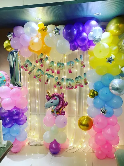 A clear view of the Unicorn-themed photo backdrop, perfect for capturing memories of a magical first birthday.