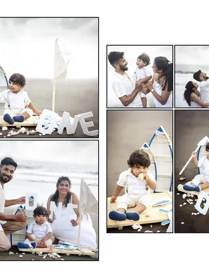 A collage of a family enjoying a nautical-themed first birthday shoot on the beach, with both solo and group shots.