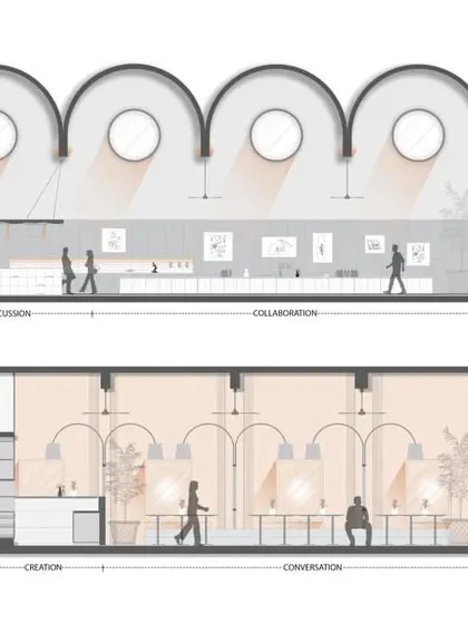 Section drawings of the award-winning ADND SILO office, illustrating the fluid, collaborative, and transparent workspace designed by the architects for their own studio.