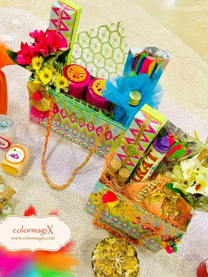 We create vibrant and joyful hampers for every festival. This colorful Holi hamper is filled with festive essentials, sweets, and treats, all packed in a uniquely designed carrier that captures the spirit of the celebration.