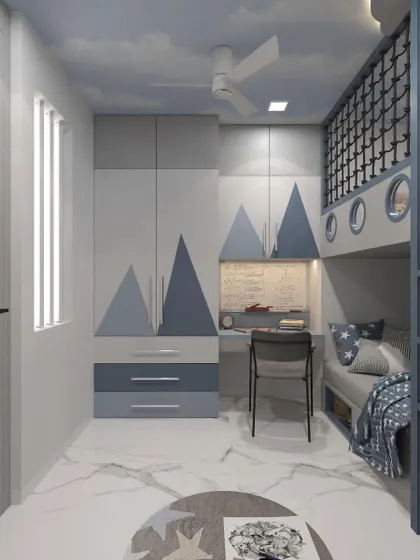 A wider perspective of the kids' room, showing the full layout from the bunk bed to the wardrobe. The marble-finish floor provides a durable and easy-to-clean surface, practical for a child's space.