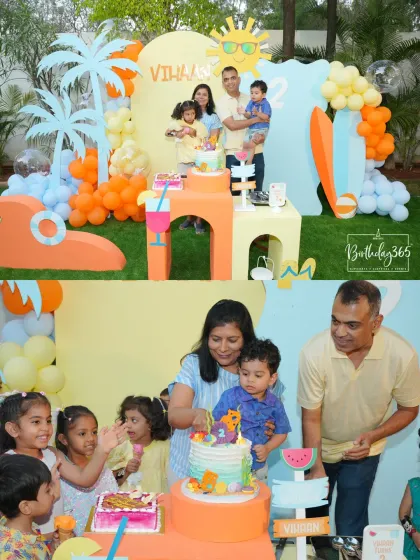 A collage of the family enjoying the summer-themed party, celebrating Vihaan's 2nd birthday.