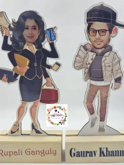 For a fun and quirky gift, I design these custom caricature figurines based on photos. This set was created for the popular on-screen duo Rupali Ganguly and Gaurav Khanna, capturing their characters in a playful way.