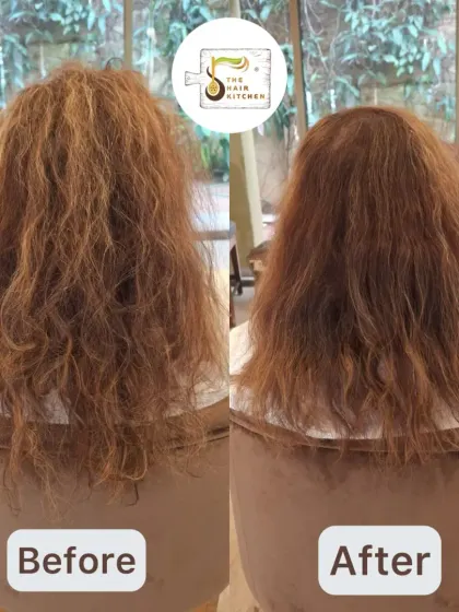 This is a perfect example of what a personalized consultation, a healthy haircut, and my custom products can do. This client's frizz was tamed and her hair's natural texture was restored, all without using any heat styling.