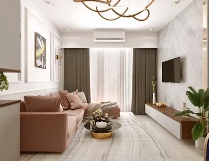 The 3D concept for the living room, focusing on the color palette, furniture forms, and lighting plan to create a luxurious and modern space.