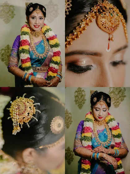 A collage showcasing the Iyengar bride's complete look, from her smiling portrait to details of her hair and makeup.