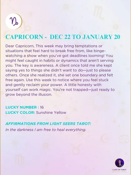 A weekly tarot forecast for Capricorn. This week may bring temptations or situations that feel hard to break free from. The key is awareness.