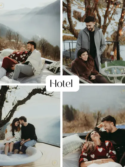 A collage of cozy and romantic hotel-based shots in the mountains, perfect for a winter pre-wedding session.