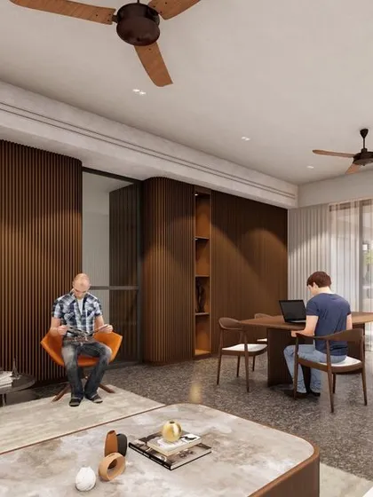 A concept render for a multi-functional home office in the 8000 sqft villa. The fluted wood paneling conceals storage and a lift, creating a seamless look while defining different zones for work and relaxation.