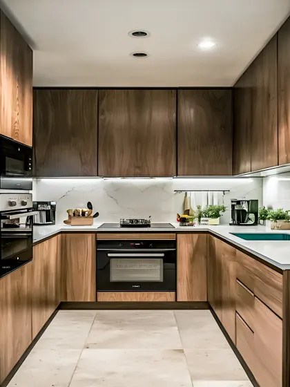 A compact U-shaped kitchen that feels grand, thanks to its warm walnut-finish cabinets and white marble-look backsplash. The integrated oven and under-cabinet lighting enhance both the functionality and the luxurious feel of the space.