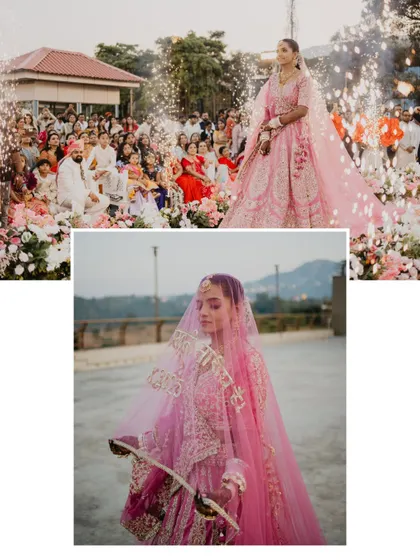 A collage featuring the bride's grand entry, surrounded by guests and fireworks, alongside a serene portrait of her. It captures both the spectacle and the personal emotion of the moment.