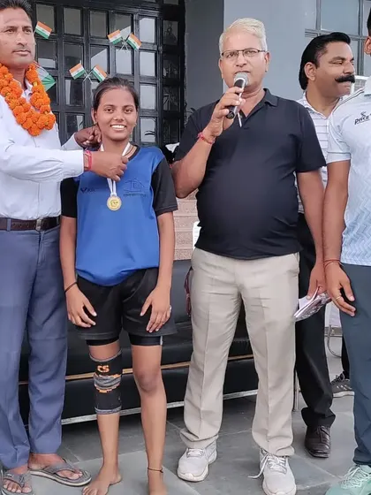 One of our talented female players being awarded a medal after getting selected for the national circle kabaddi team.