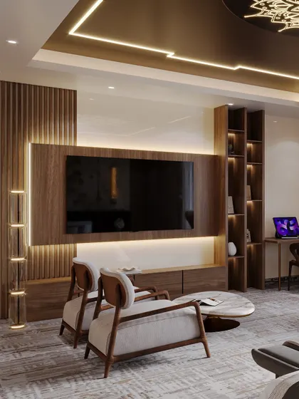 The media and work area of the suite, rendered to show its functionality and seamless integration with the overall design.