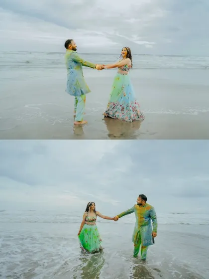 A collage showing the couple holding hands and enjoying the waves. A perfect blend of romance and fun from their destination Haldi in Goa.