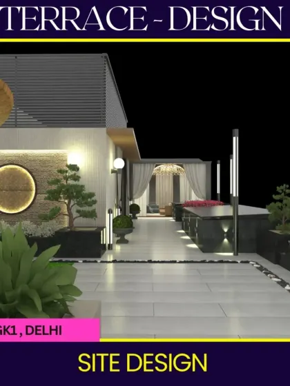 A night view render of a GK1 terrace design. This visual highlights the importance of a well-planned lighting scheme, with path lights, wall sconces, and a softly lit cabana creating a luxurious and intimate atmosphere.
