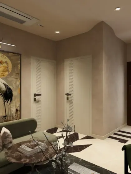 A statement art piece featuring a crane is the focal point in this sophisticated seating area, complemented by a uniquely shaped green sofa and geometric flooring.