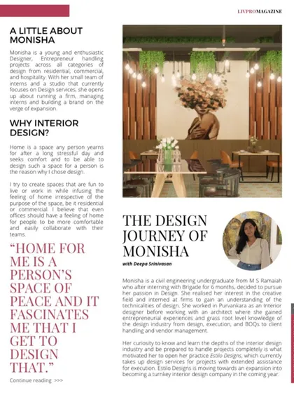 An excerpt from the magazine feature talking about my background and why I was drawn to a career in interior design.