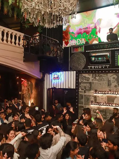 The view from the side of the iconic boombox DJ console at Bombay Adda.