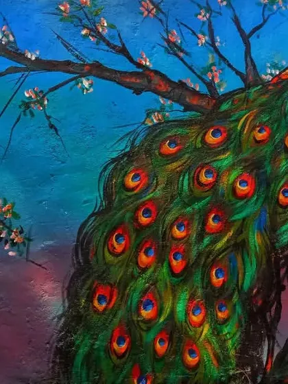 A vibrant painting of a peacock, its magnificent tail feathers cascading down a tree branch. The rich blues, greens, and oranges celebrate India's national bird, a symbol of grace and beauty.