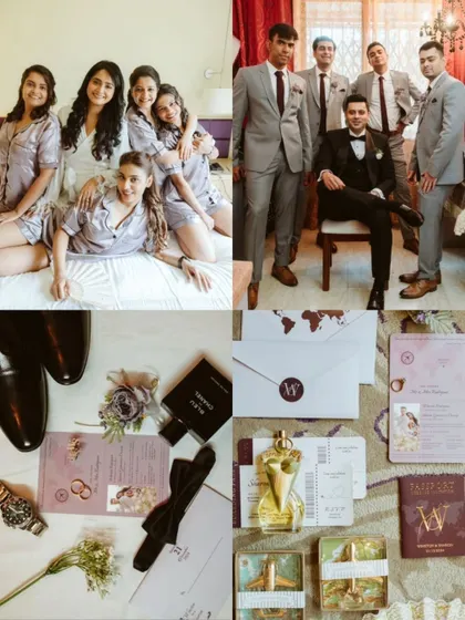 A collage of getting-ready moments, including the bridesmaids and groomsmen, as well as the unique travel-themed wedding stationery.