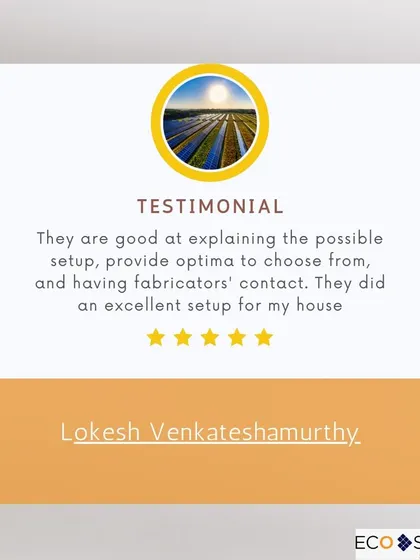 A glowing testimonial from Lokesh Venkateshamurthy. He highlights our team's ability to explain possible setups, provide optimal choices, and deliver an excellent final installation for his house.