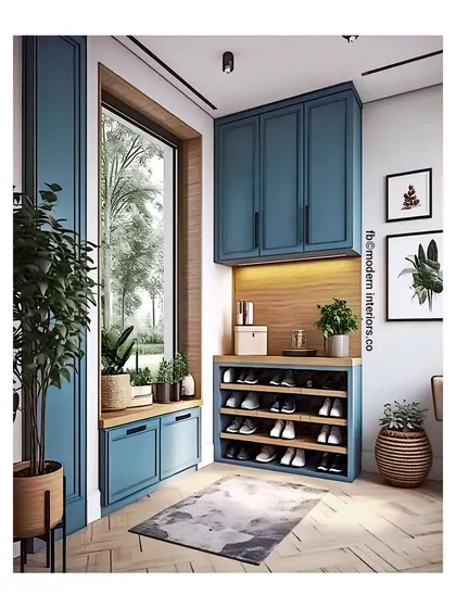 An amazing shoe rack design in a beautiful shade of blue! This unit provides both open shelving for shoes and closed cabinets for other items, all neatly tucked beside a sunny window.