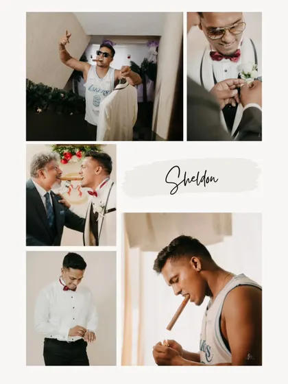 A collage of the groom getting ready, capturing his cool and confident personality. The shots of him with a cigar add a touch of old-school swagger.