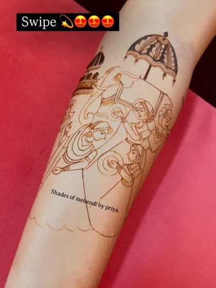 The first step in a complex design: the outline. This sketch on the arm shows the beginning of a royal procession scene, ready to be filled with intricate details.
