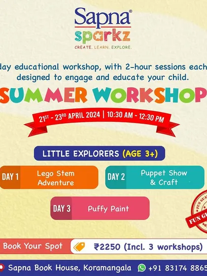 Fun is guaranteed at our multi-day summer workshops! We offer a structured program with 2-hour sessions each day, including activities like LEGO STEM, puppet crafts, and puffy paint for our "Little Explorers" aged 3 and above.
