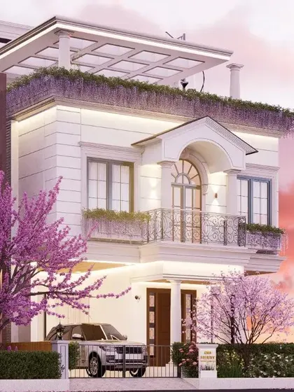 This render captures the neoclassical contemporary house at dawn. Designed for a family with a progressive mindset, the home incorporates simple, elegant, and intricate details on its facade to create a beautiful presence in its surroundings.