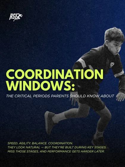 This infographic introduces the concept of "Coordination Windows," the critical periods in childhood where the brain is most receptive to learning movement skills like speed, agility, and balance. Missing these stages can make it harder to develop these skills later.