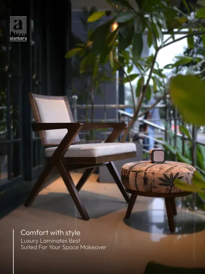 The Z-frame accent chair paired with a custom-printed ottoman, showcasing how I coordinate different pieces to create a cohesive look.