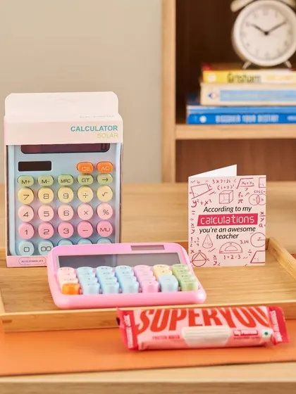 A playful and practical gift for a teacher, this set includes a colorful pastel calculator and a matching greeting card that says "According to my calculations, you're an awesome teacher."