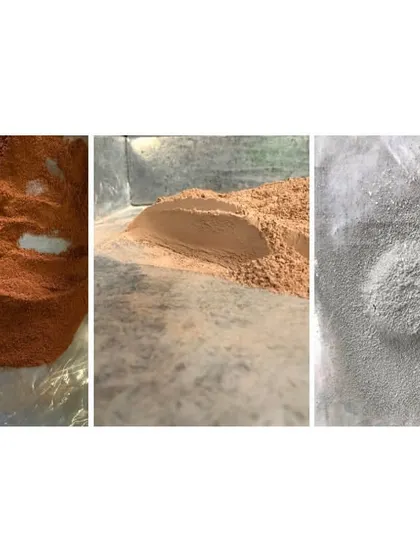 A triptych showing the raw materials and process of creating our custom wall renders. We use a variety of locally sourced pigments, minerals, and crushed terracotta to achieve a rich and layered finish.